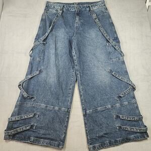 Hot Topic Jeans Size 18 Wide Leg Cargo Suspenders Straps Grommet Med Wash Blue